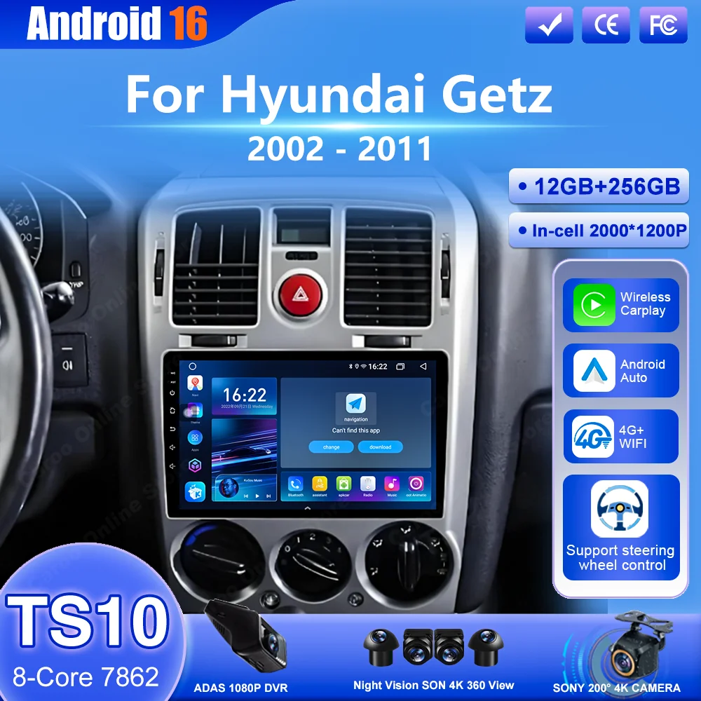 

Автомобильный мультимедийный плеер Android 16 Auto Carplay для Hyundai Getz 2002-2011, автомобильное радио, GPS, Bluetooth, DSP, стерео, QLED-экран, 4G BT