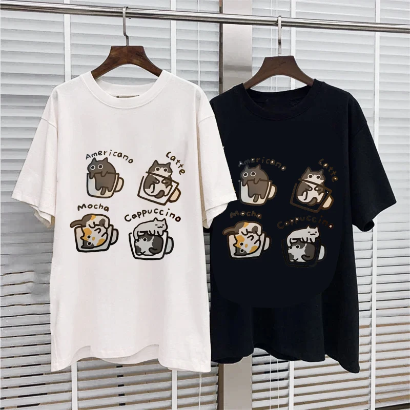 

Harajuku Women Men Cat Coffee Pure Trendy Loose Short Sleeved T-shirt Original Mocha Latte Cat Three Flowers Fun Cat Tees
