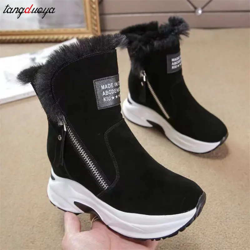 Wedge Shoes Leather Snow Boots Woman Winter keep Warm Ankle Boots Women\'s Fashion Side Zipper Outdoor Sneakers Botas Mujer 2024