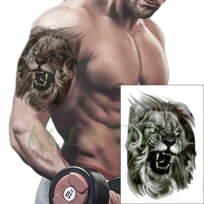 Waterproof Temporary Tattoo Sticker roaring lion head sharp teeth black Fake Tatto Flash Tatoo big tattoos for kid Women Men