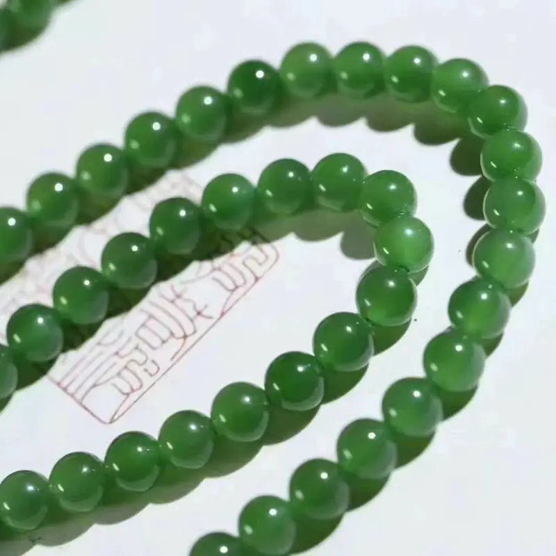 Hetian Jade Necklace Jasper Spinach Green 6Mm Round Plain Circle 108 Buddha Beads Chain Hanging Rope Men And