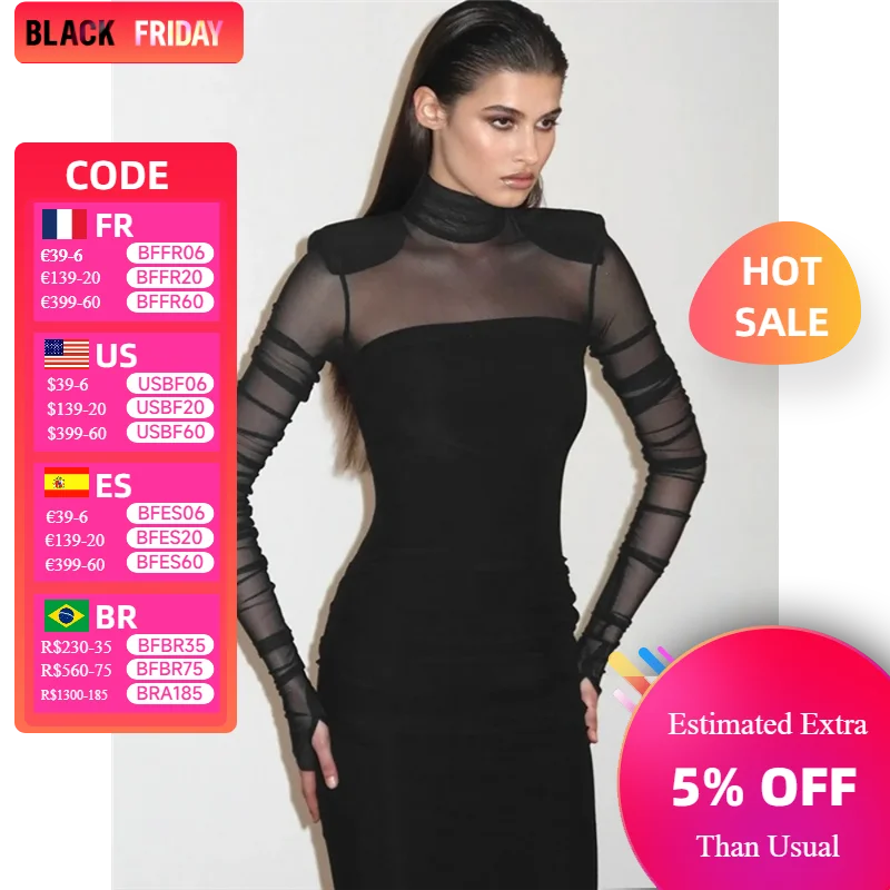 

Mesh See Through Black Dress For Women Aesthetic Clothes Lady Outfits Turtleneck Vestidos De Mujer Long Sleeve Robe Femme Été