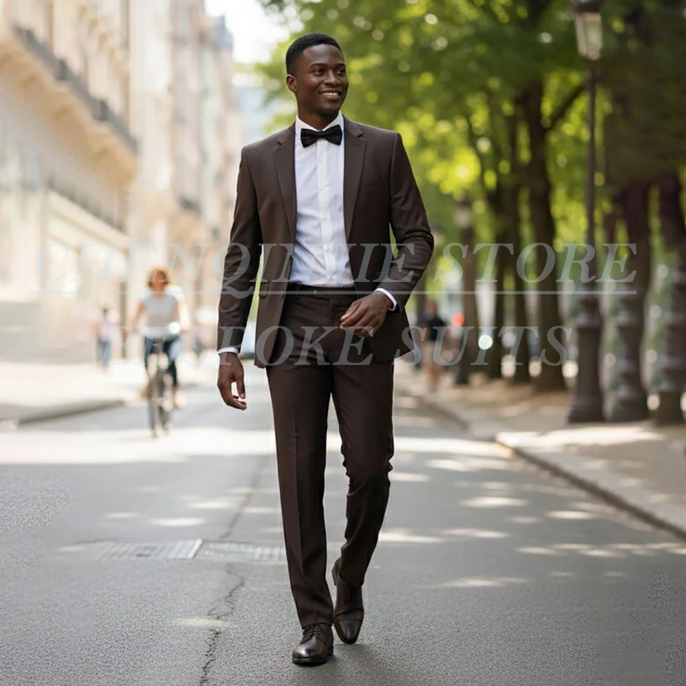 

Luxury Brown Men's Suits Slim Fit Blazer Formal Office Work 2 Piece Jacket Pants High Quality Male Clothing Daily Wear Terno