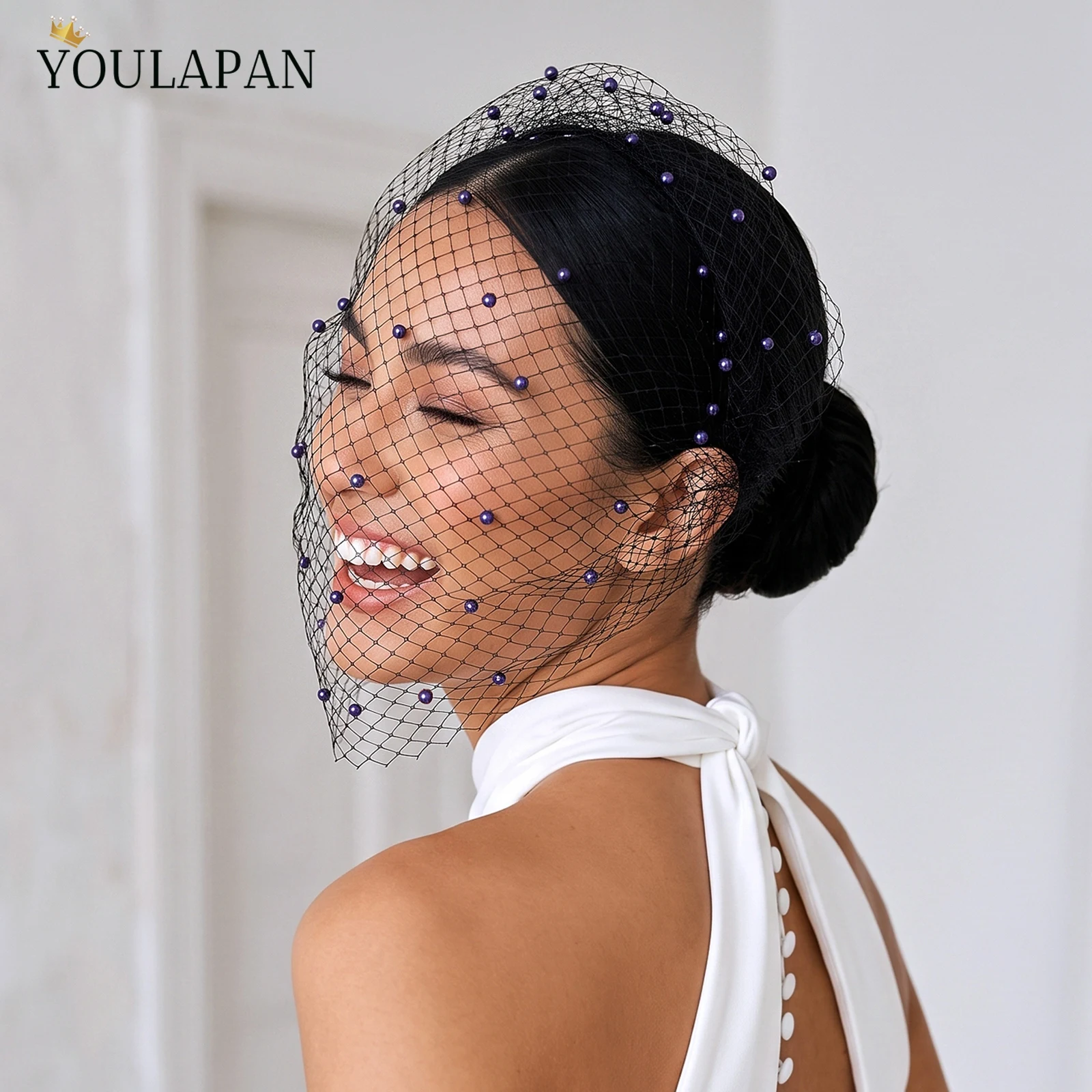 TOPQUEEN Birdcage Veil Purple Pearls Blusher Veil Cage Veil Face Veil Pearl Headband Hair Accessory Va44