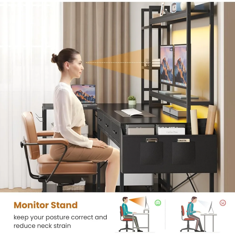 مكتب ألعاب على شكل حرف L مع مساحة تخزين، مكتب كمبيوتر 55 زاوية يتميز بقفص وأدراج، تكوين على شكل حرف L قابل للعكس #6