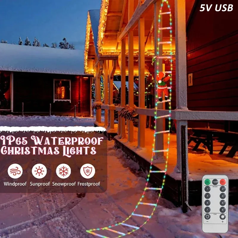 Christmas Decorations Santa Claus Climbing Ladder Light LED Fairy lamp USB Plug 8 Modes for Home Holiday Wall Window Xmas Decor