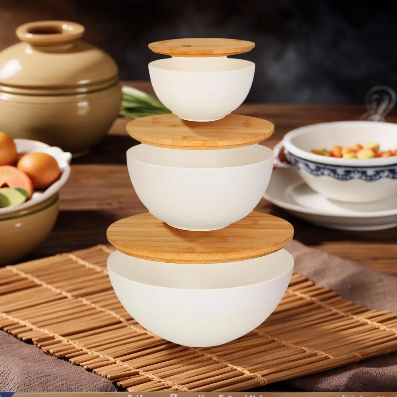 

Mixing Bowls 3 Pieces Salad Containers 10/8/6 Inches Nesting Food Storage Containers with Wood Lids Serving Preparing Kitchen