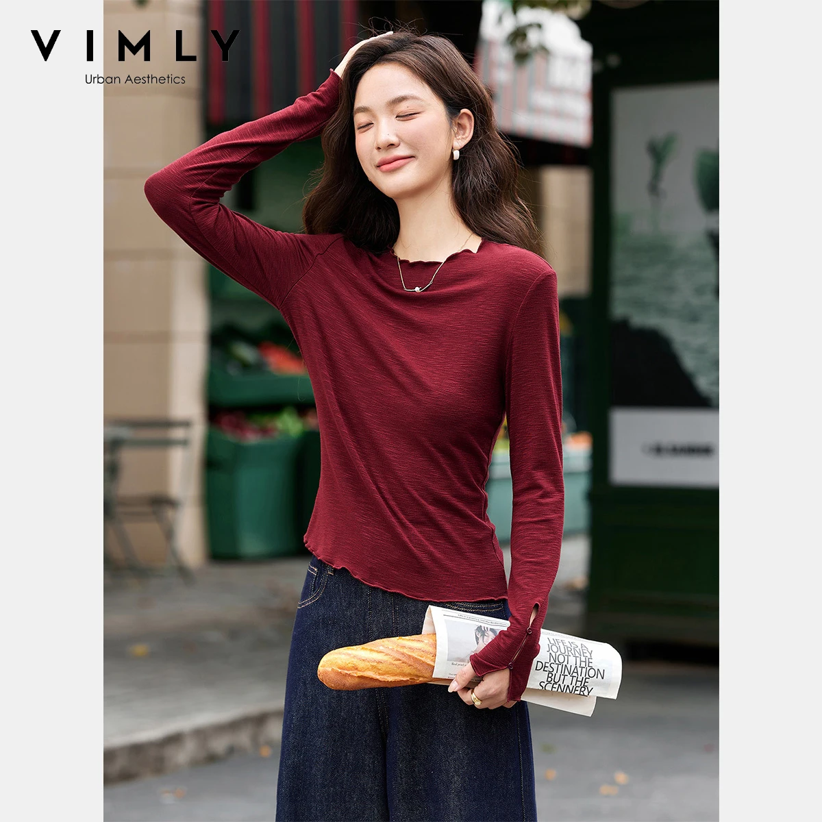 VIMLY Dames Wit Lange Mouw Tops Casual Ruches Ronde Hals Dames Tee Herfst 2025, Elegant Gebreid Stretch T-shirt Femmes A2389