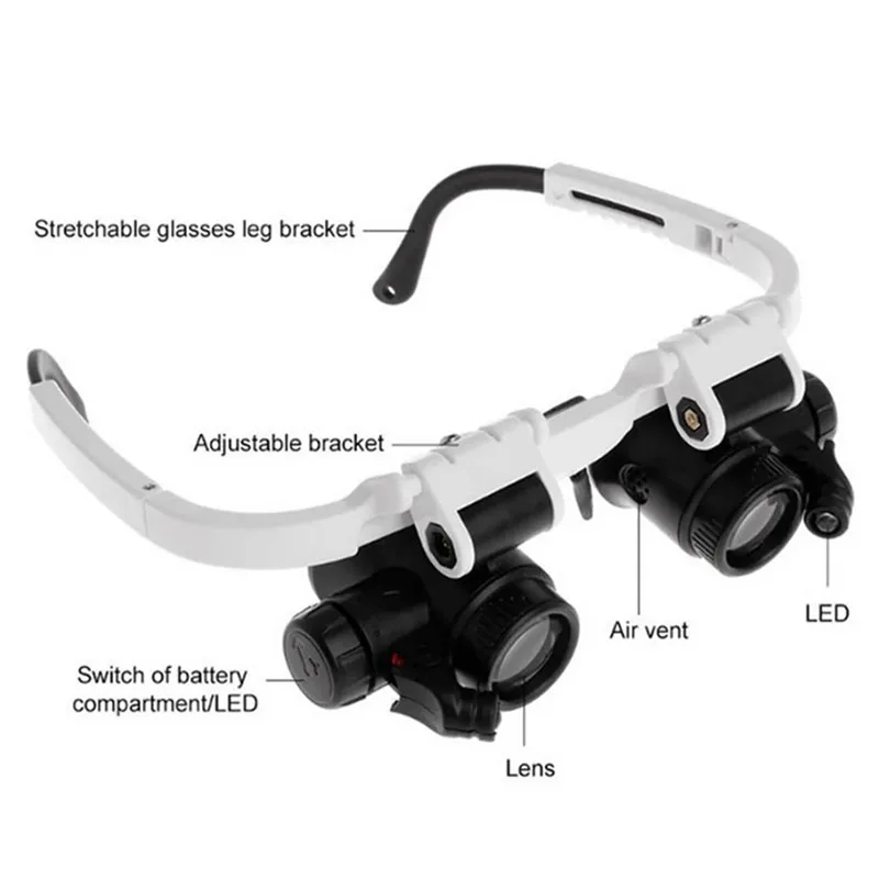 2X LED Head Mounted Magnifying Glasses Adjustable Headband 8X 15X 23X Lens For Watch Jeweler Repair Loupe Tool