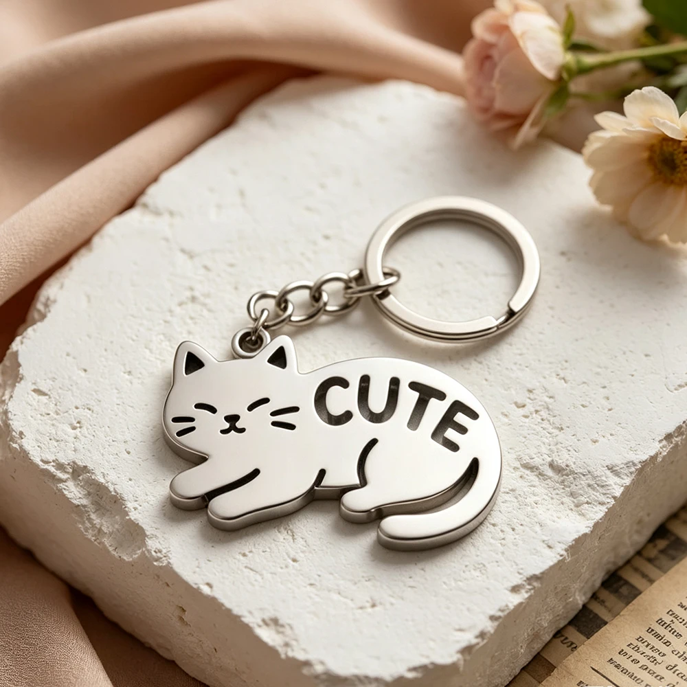 Customized Personalized Cat Graphic Name Keychain Stainless Steel Hollow Elegant Popular Fashion Accessories Suitable Daily Wear
