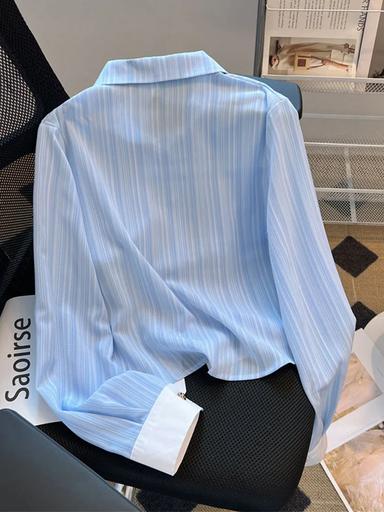 Office Lady Advanced Fashion Polo-Neck Long Sleeve Shirts Autumn New Button Design Crop Top Formal Occasion Cozy Striped Blouses