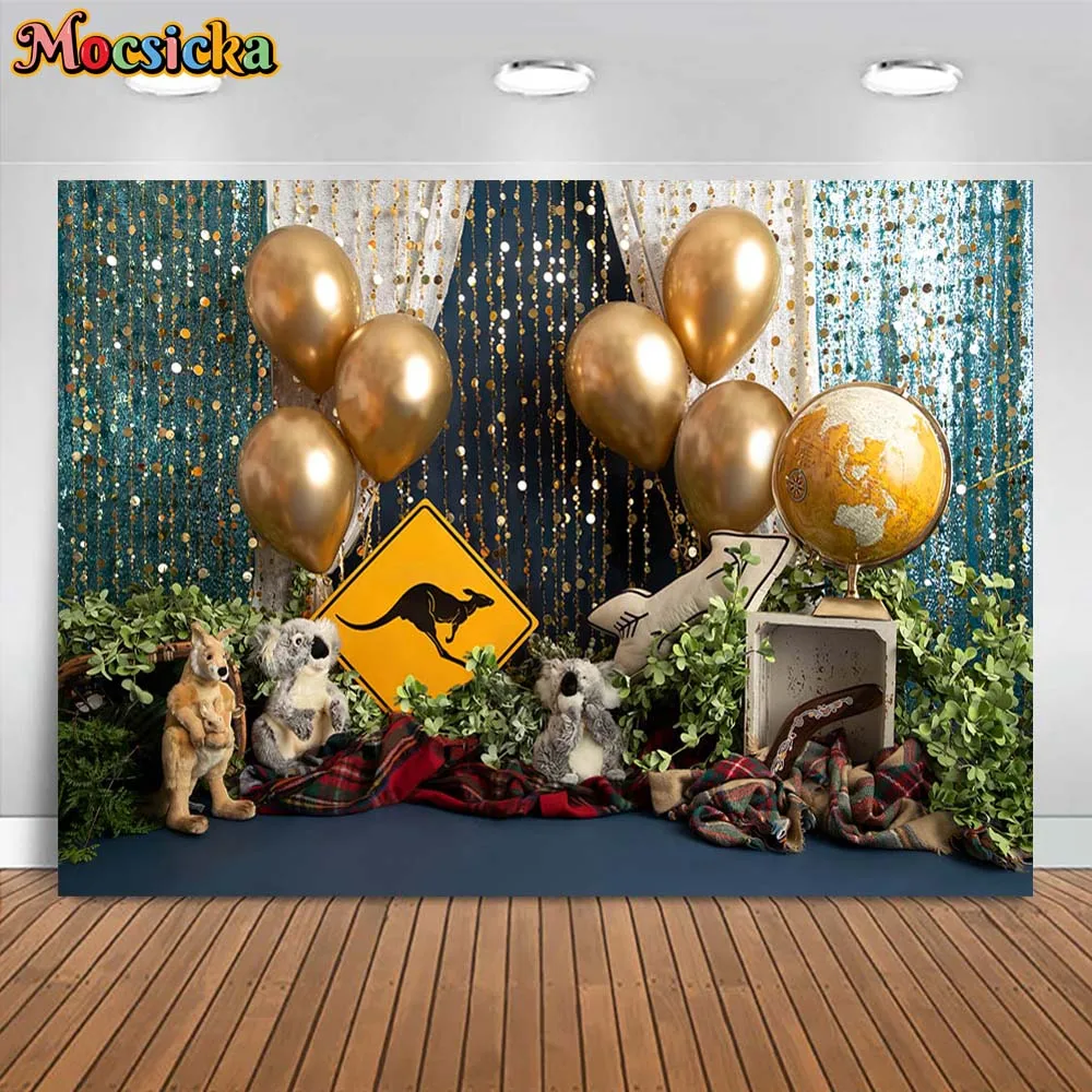 

Mocsicka Photography Background Gold Sequin Curtain Balloon Kangaroo Koala Baby Kids Photo Backdrop Cake Smash Party Decorations