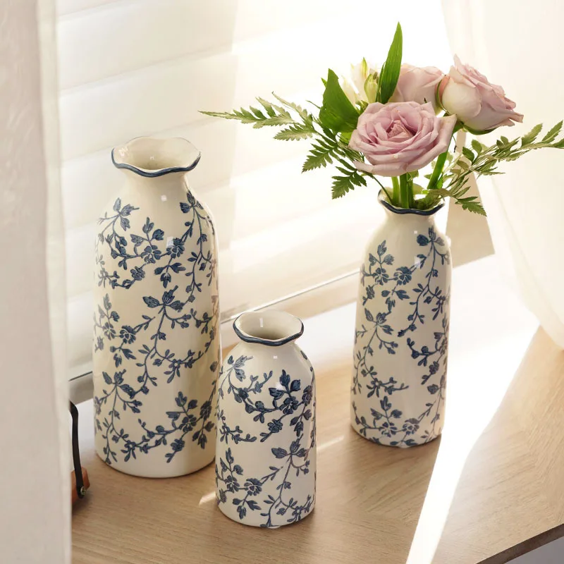Jarrones de cerámica Vintage, adornos de porcelana azul y blanca, decoración para sala de estar, artesanías de flores secas, salas de estudio, decoración del hogar