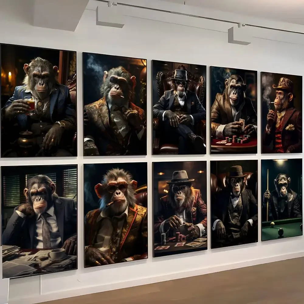 Vintage Gangster Billiards Animal Monkey Smoke Portrait  Posters Self-adhesive Wall Art Decorations Color Prints Sticky