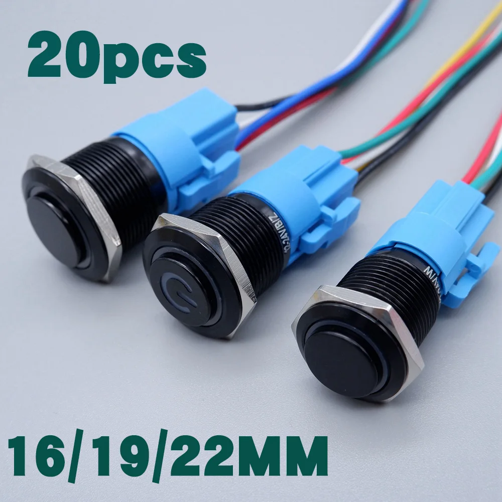 

20pcs16/19/22mm Black Metal Push Button Switch Waterproof Illuminated with Wire Led Light Momentary Latching Switches 5V 12V 6V