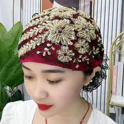 Ladies Turban Hat Sequin Decor Embroidery Lightweight Headscarf Hair Cover Cap Lady Head Wrap Female Daily Beanie
