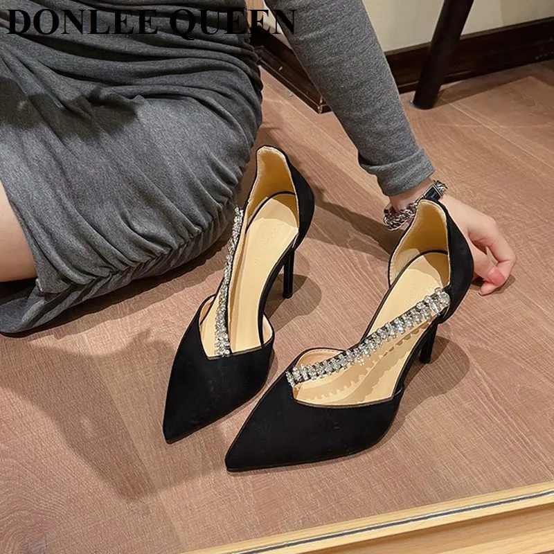 New Fashion Brand Crystal Embellished High Heels Shoes Women Pointed Toe Dress Rhinestone Wedding Party Pumps Black Suede Sandal