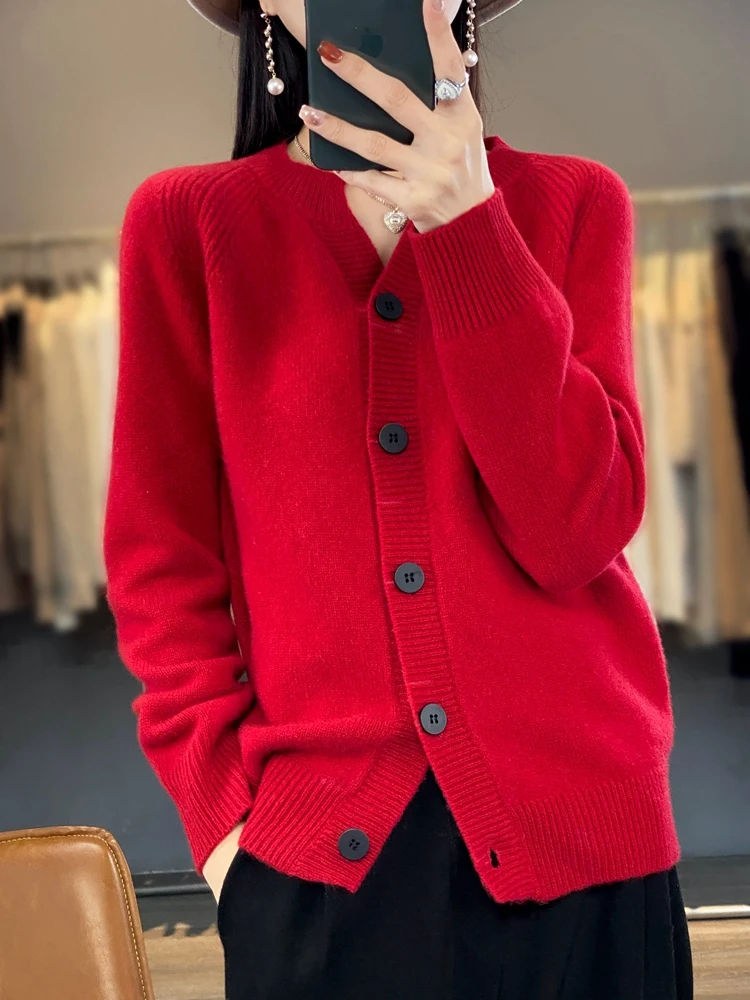 Women100% Merino Wool Cardigan Long Sleeved Seamless Cashmere Knitted Cardigan Loose Fashionable Sweater Tops New Spring Autumn