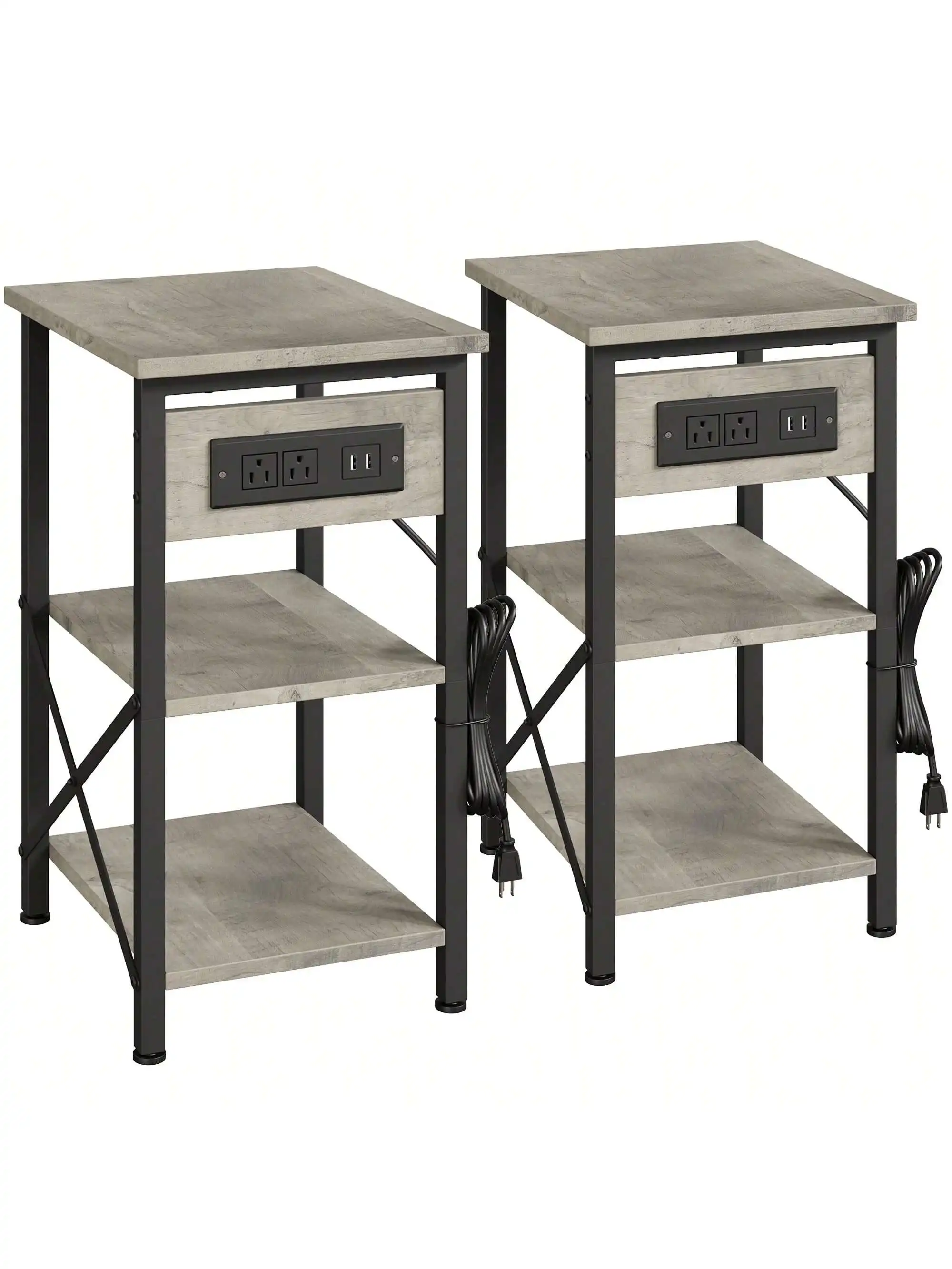 2 Set Side Table with Charging Station - Enhance Your Living Room and Bedroom with These 3-Tier Grey End Tables