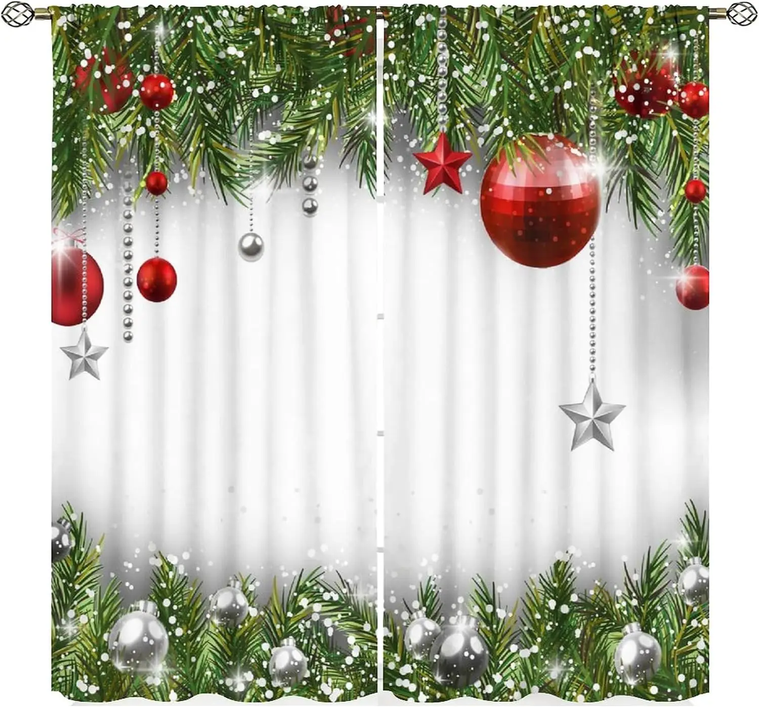 Elegant Christmas Window Curtain Panels with Festive Garland Lights and Ornaments for Home Decor