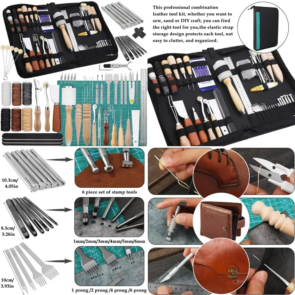 

Leather Crafting Essential Tools Set: 60-Piece Kit with Storage Bag, Cutting Mat, Punches, Groovers, and Creaser for Professiona
