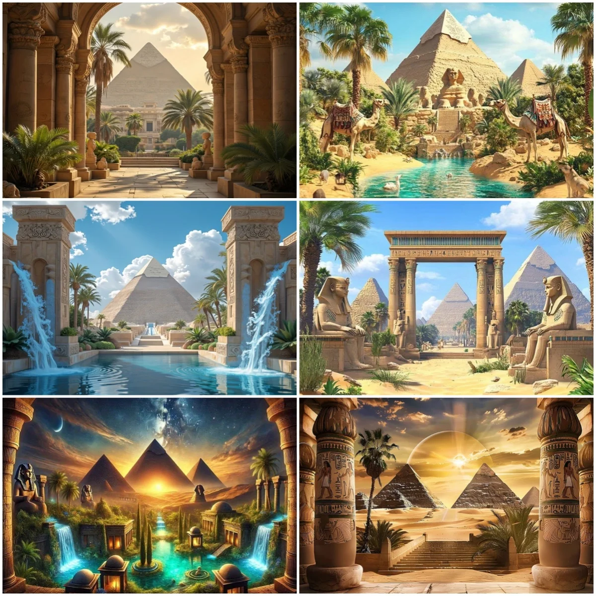 

Ancient Egyptian Pillars Desert Theme Background Pyramid Camel Sun Trees Decoration Banner Birthday Party Home Photo Backdrop