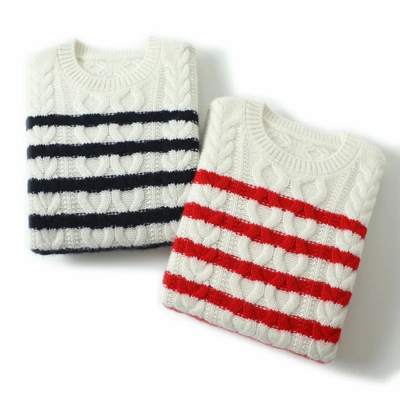 100% Cashmere Winter Warm Sweater Women New Designer Latest Fashion for Women Clothes Striped Pullover