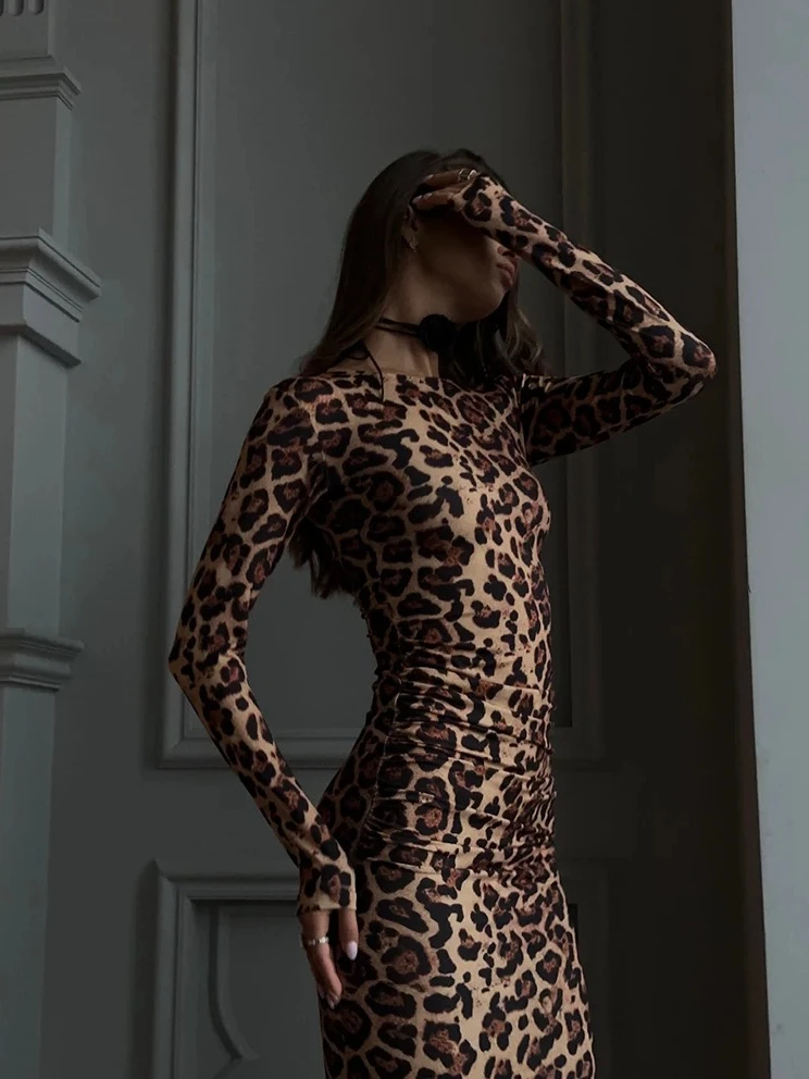 Robe moulante à imprimé léopard pour femmes, robe fourreau à manches longues et col rond pour Club, tenue Sexy Slim Fit
