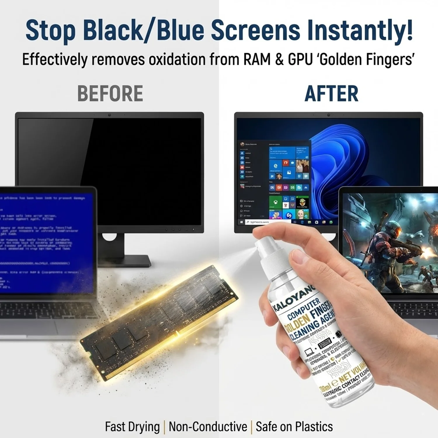 Kaloyanov Electronic Contact Cleaner Spray for PC RAM GPU Gold Finger Repair Fix Black Screen Phone Port Fast Dry Non-conductive