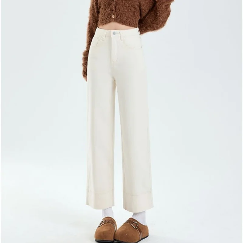 Women Korean Straight Leg Cropped Jeans Lady White New Solid High Waist 9-point Pants Lady Retro Casual Slim Fit Trousers