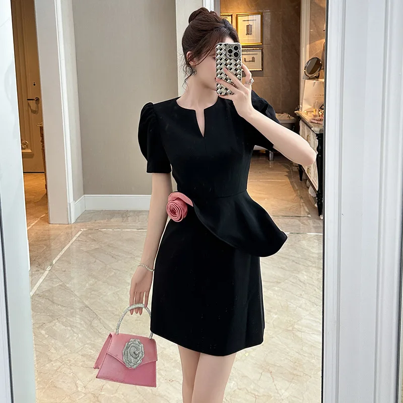 

A-Leibniz Summer women's fashion socialite bubble sleeves square collar waist cinching belly covering A-line black dress 15369