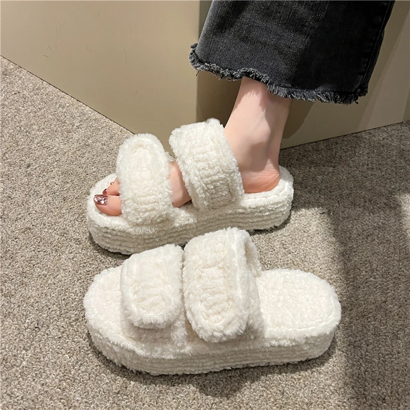 Female Shoes House Slippers Platform Fur Flip Flops Slides Med Fashion Flock 2023 Plush Massage Flat Luxury Basic Rubber Autumn