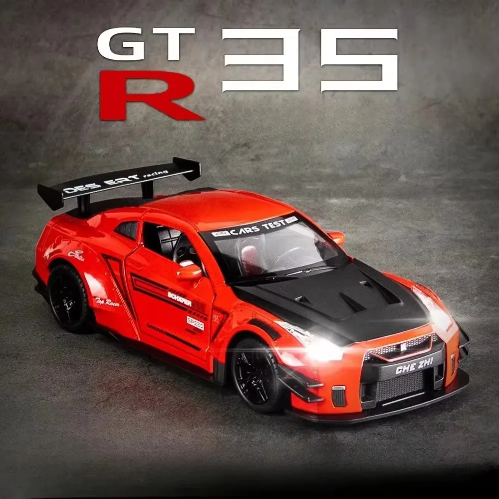 

1:24 Scale GTR R35 R34 Toy Car Model Alloy Diecast Pull Back 3 Doors Opend Vehicles Models Sound Light Collection Kids Toys