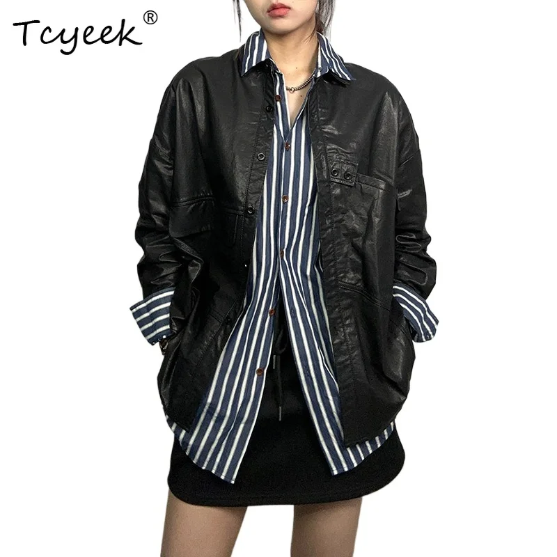 

Tcyeek Real Leather Jacket Women Clothing Vintage Sheepskin Coat Mid-length Fashion Loose Clothes Womens Coats Косуха Женская