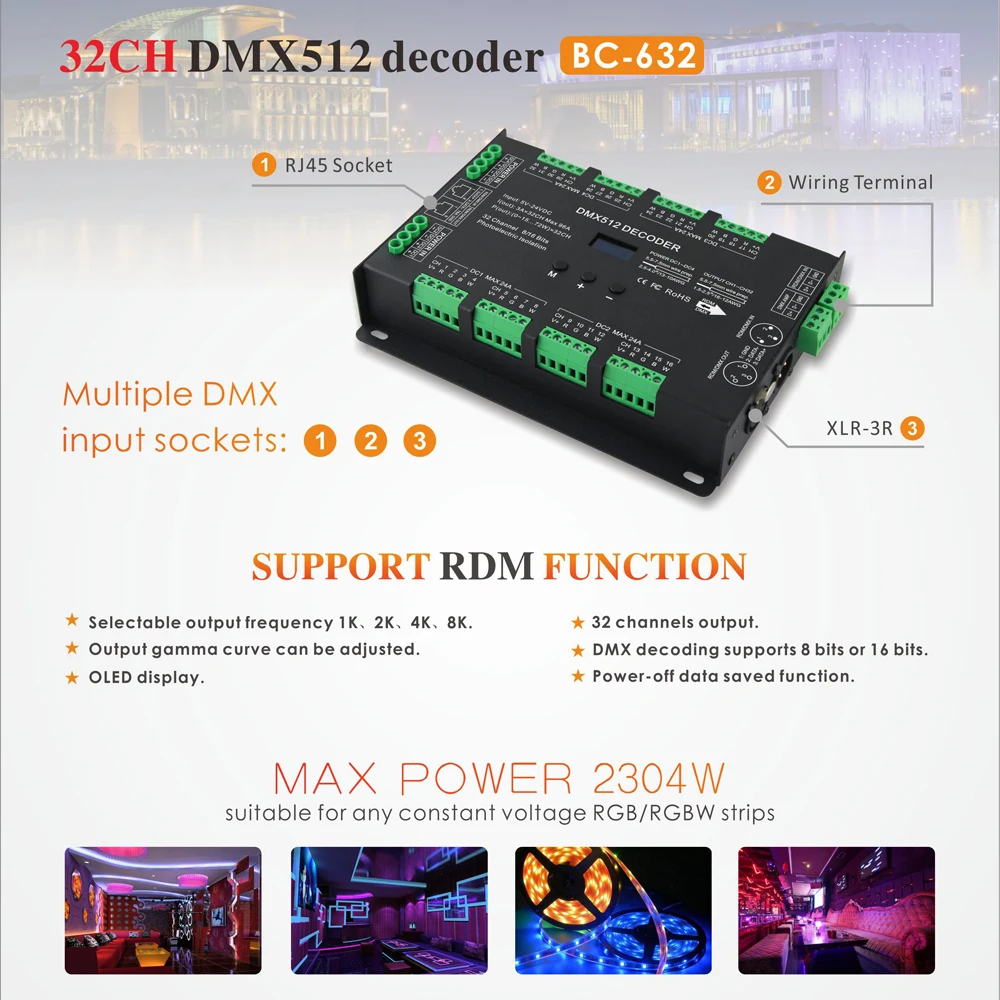 LED DMX-RDM Decoder;DC12-24V Input 3A*32CH 32 Channel Output RGB RGBW Strip Ribbon DMX512 Controller XLR-3 RJ45 DMX Slave