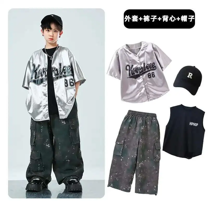 Sequin Silver Dancing Clothes Hip Hop Dance Costume 4 Girls Boys T Shirt Pants Street Wear Children Competition Costumes Jazz