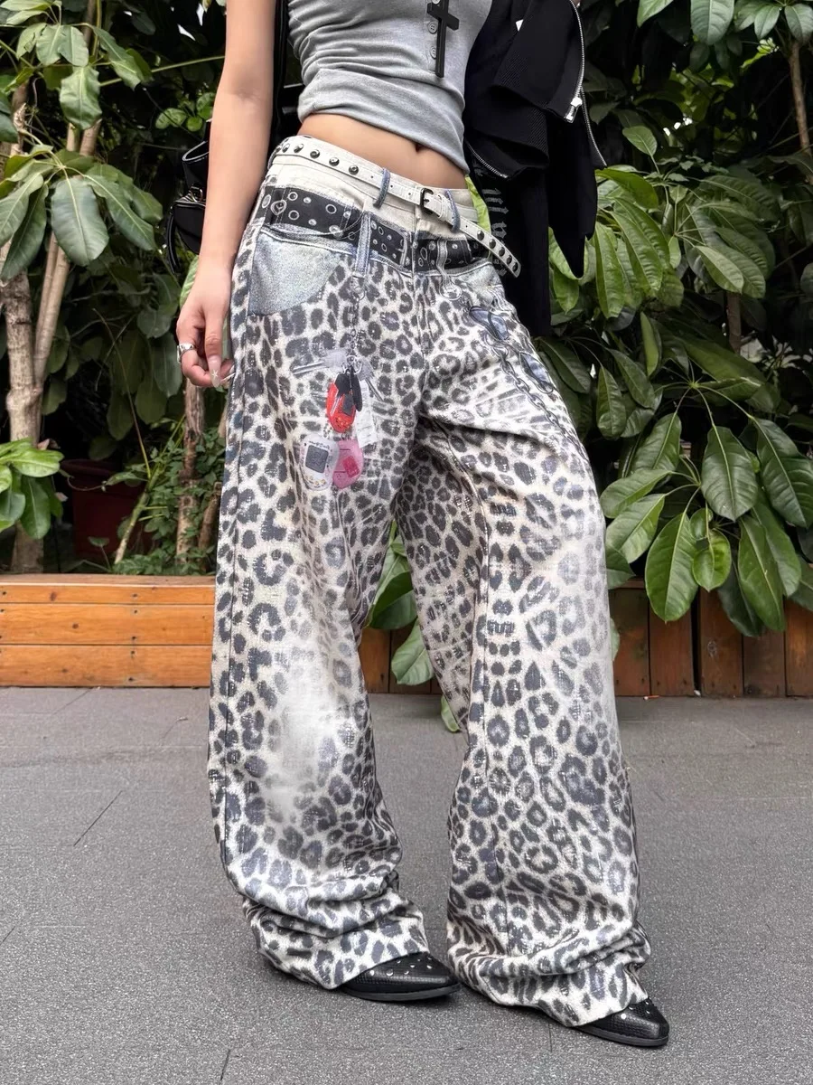 Retro American 3D Double Waist Leopard Print Jeans Loose Wide Leg Casual Trendy Couples Jeans Women's Men's Design Sense