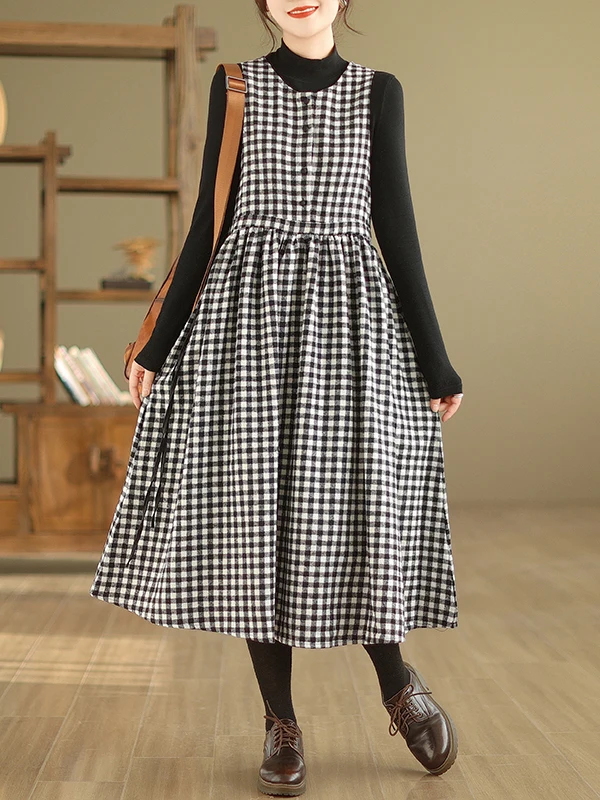 Retro Black White Plaid Vest Skirt Large Size Women's Autumn Winter New Waist Cinching Belted Woolen Dress Casual A-Line