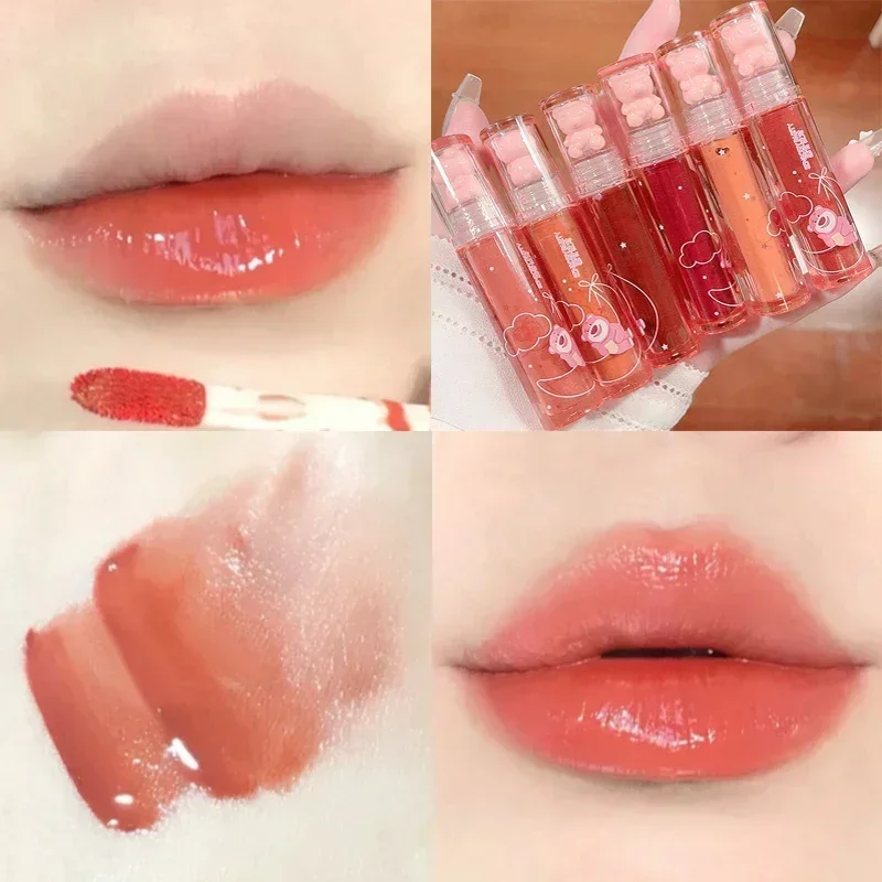 Crystal-frozen Glossy Lip Glaze Cute Bear Lasting Color Non-stick Cup Moisturizing Lip Gloss Mirror Water Liquid Lipstick Makeup