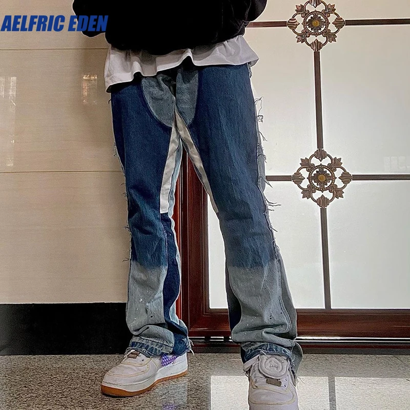 Aelfric Eden High Street Color Block Spliced Washed Jeans Men Oversize Wide Leg Straight Denim Flare Pants Retro Casual Trousers