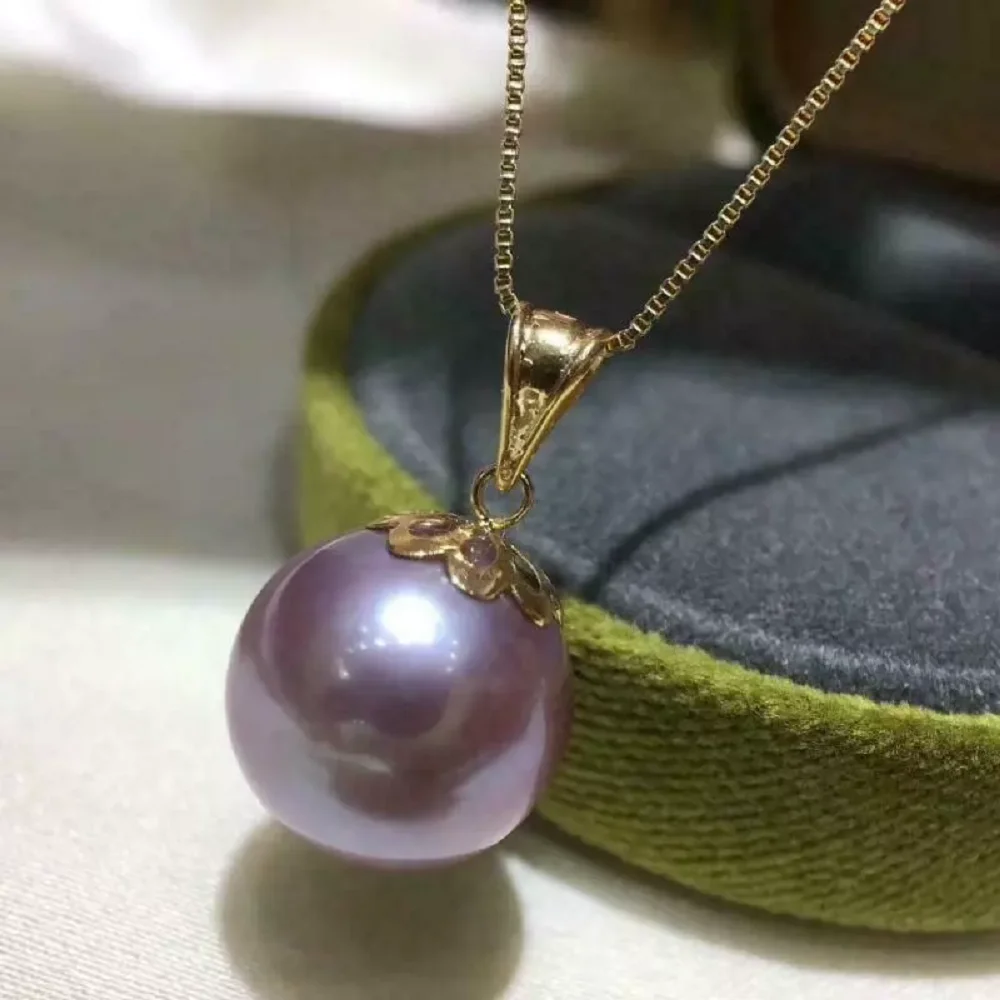 Gorgeous AAA+13-12mm Natural Round Purple Pearl Pendant 18k/AU750 Gold