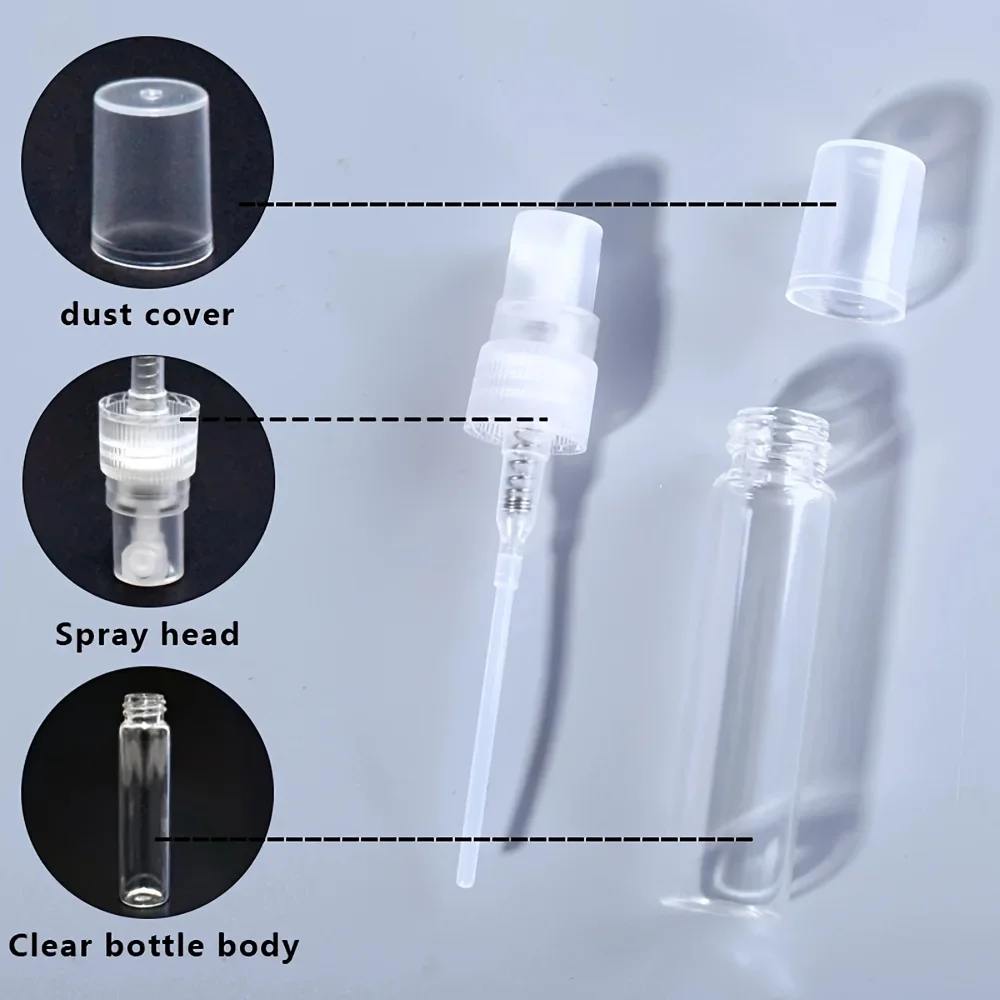 50 Stück, 4 Zubehörteile, 10 ml, nachfüllbare Glassprühflasche mit 50 Sprühflaschen, 1 Tropfer, 1 Trichter, 1 Spender, Diwanne, 1 Spritze – Detail 4