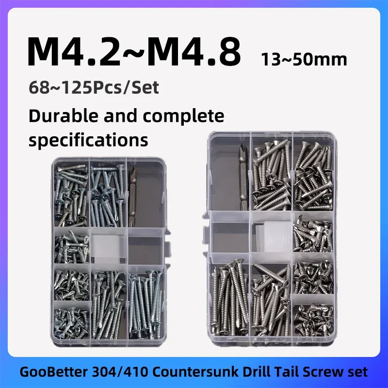 

68~125pcs Drill Tail Wood Screw Set M4.2 M4.8 13~50mm 304/410 Stainless Steel Phillips Countersunk KA Wood Screw Set