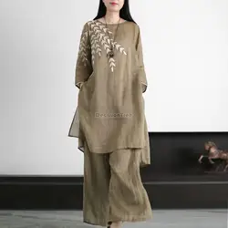 2025 spring/summer chinese cotton linen zen suit women embroidered vintage shirt loose long pants chinese two pieces set s397