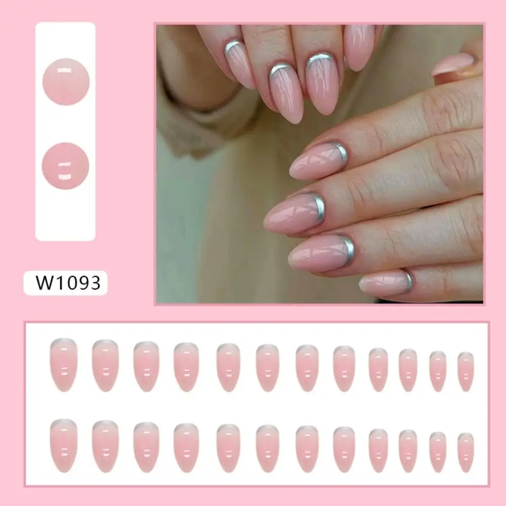 Manicure Long Almond False Nails Sweet Cool Claw Flower Grey Press on Nails French Detachable Nail Tips DIY