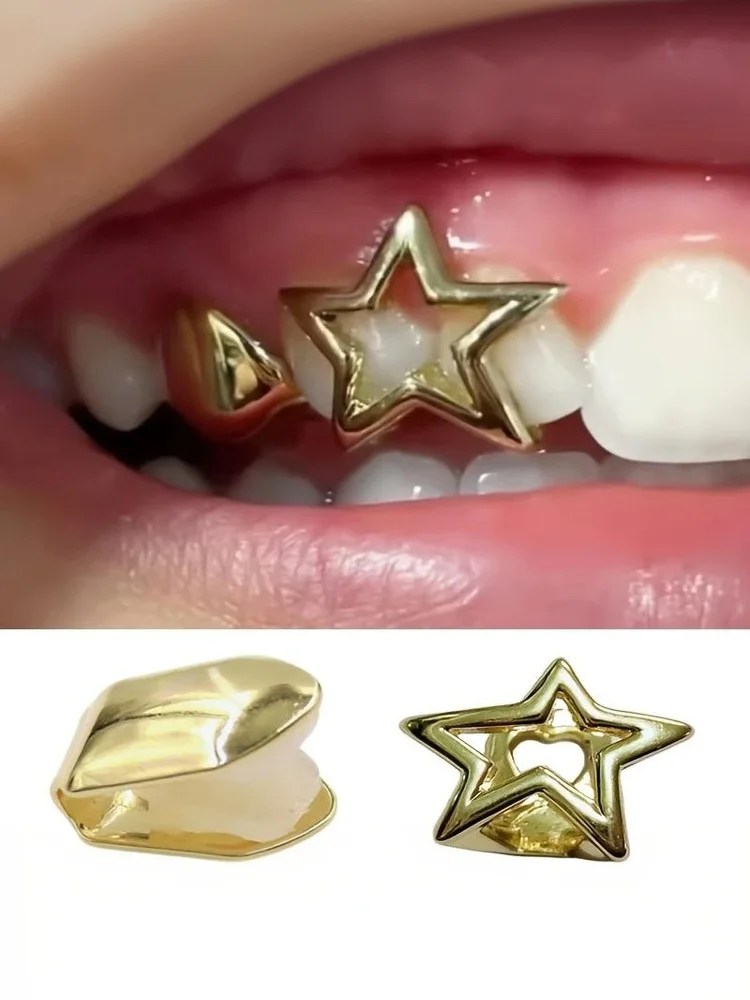 2-teiliges Set Glänzende Hohle Unregelmäßige Stern-Doppelzahn-Kappen für Frauen und Männer Y2K Punk Pentagramm Zahn-Grillz Mundschmuck – Detail 5