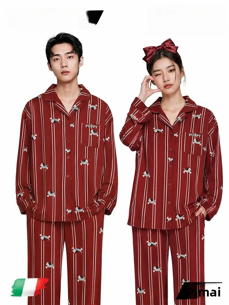 Red Ice Silk Sleepwear Couple Style New Wedding Cotton Home Clothes PinkBread Cartoon Cute Print Long Sleeve Loose Fit Home P...