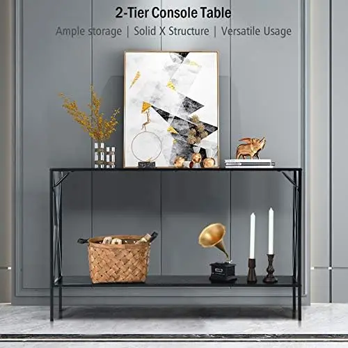 Mesa console corredor para entrada, estrutura de aço e prateleira, mesa elegante, mesa perfeita para sala de estar, 2 níveis, 47,5"