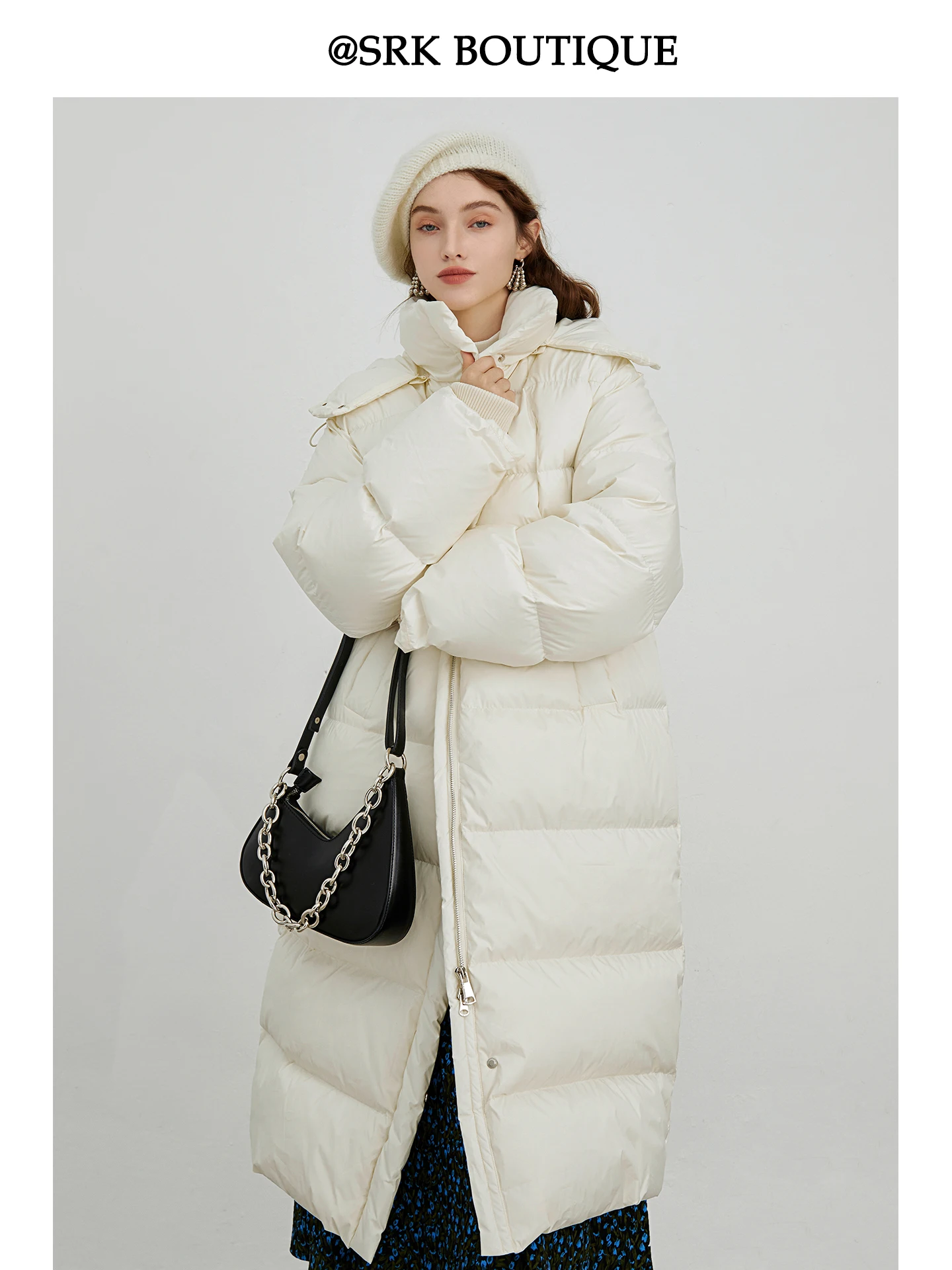 

SRK Women's Warmth Cotton Jaet Hooded Mid-Length Winter Coat Beige Color Commute Sle Loose Fit Zipper Closure Color