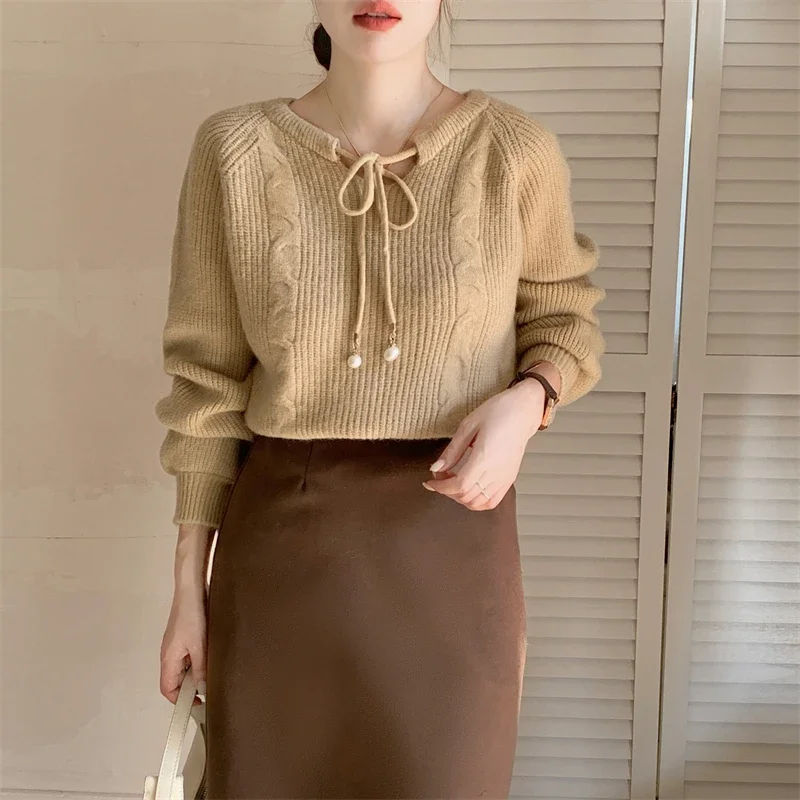 

French Lace-up Knitted Sweaters Women's Long Sleeve O-neck Loose Sweet Knitwear Tops Autumn Winter Casual Lazy Sweater Jumpers